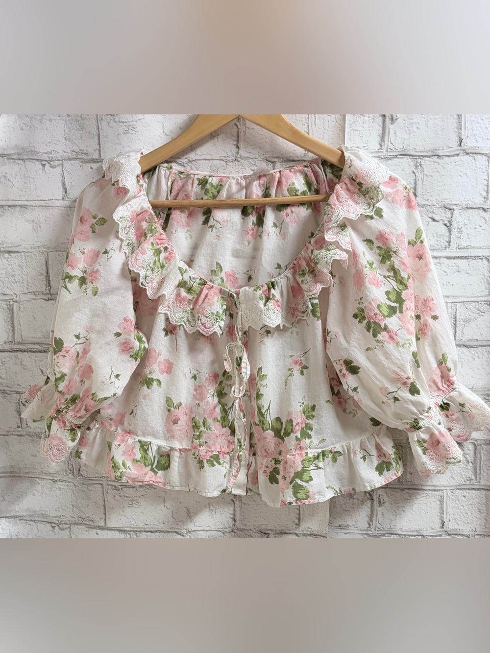 Floral Ruffled Peasant Blouse - Pink/Green